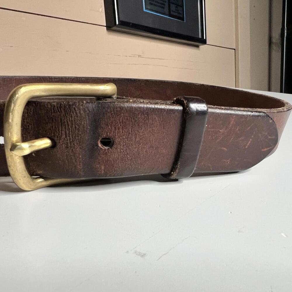 Leather Belt Mens 38 Brown Brass Buckle Work Casual Adjustable Solid Classic - Picture 2 of 6